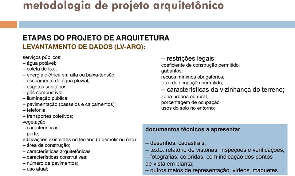 demolir ou não): área de construção; características arquitetônicas; características construtivas; número de pavimentos; uso atual; restrições legais: coeficiente de construção permitido; gabaritos;