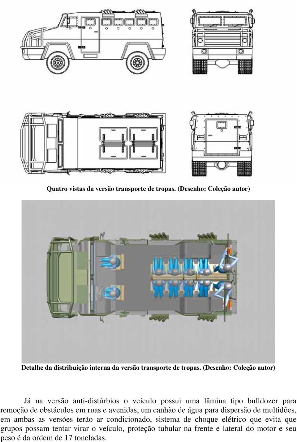 (Desenho: Coleção autor) Já na versão anti-distúrbios o veículo possui uma lâmina tipo bulldozer para remoção de obstáculos em ruas