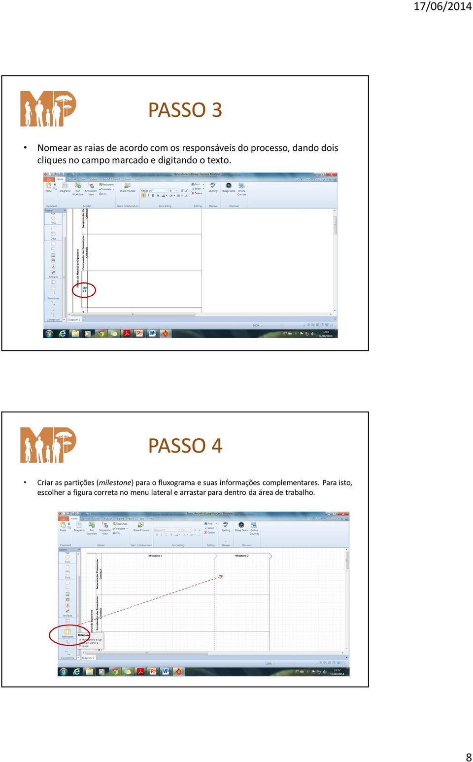 PASSO 4 Criar as partições (milestone) para o fluxograma e suas informações