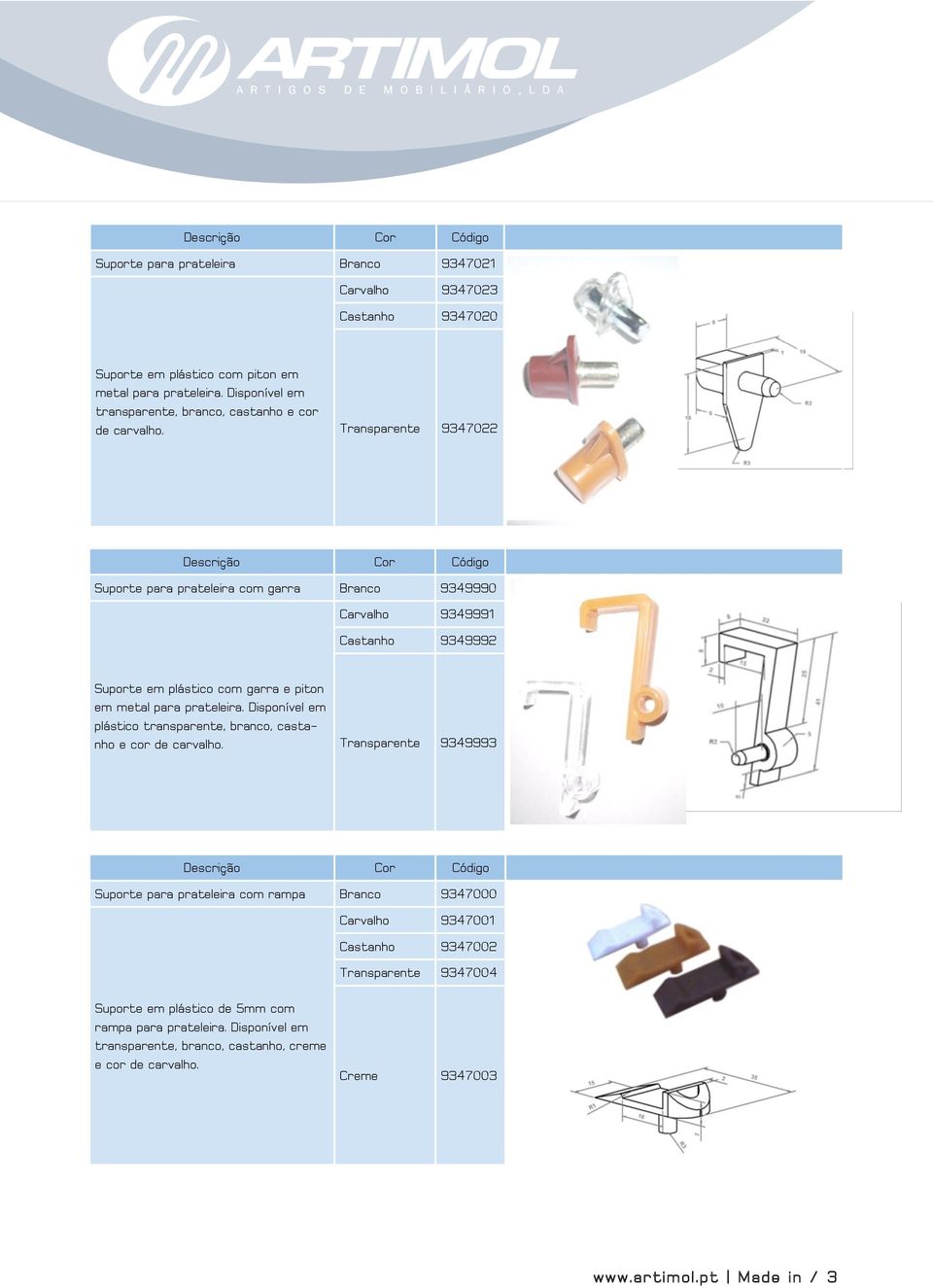Transparente 9347022 Descrição Cor Código Suporte para prateleira com garra Branco 9349990 Carvalho 9349991 Castanho 9349992 Suporte em plástico com garra e piton em metal para prateleira.