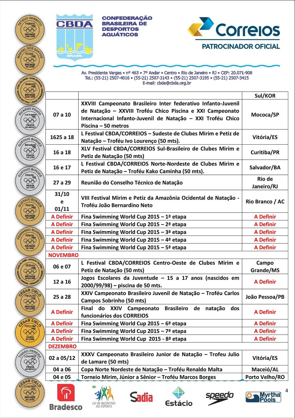 XLV Festival CBDA/CORREIOS Sul-Brasileiro de Clubes Mirim e Petiz de Natação L Festival CBDA/CORREIOS Norte-Nordeste de Clubes Mirim e Petiz de Natação Troféu Kako Caminha.