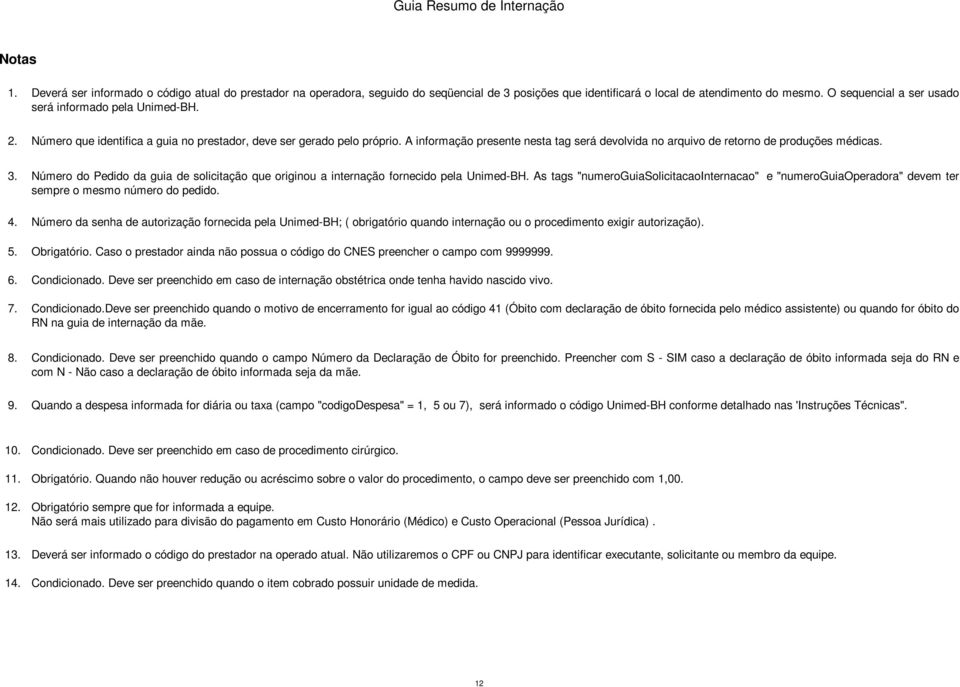 A informação presente nesta tag será devolvida no arquivo de retorno de produções médicas. 3. 4. 5. 6. 7. Número do Pedido da guia de solicitação que originou a internação fornecido pela Unimed-BH.