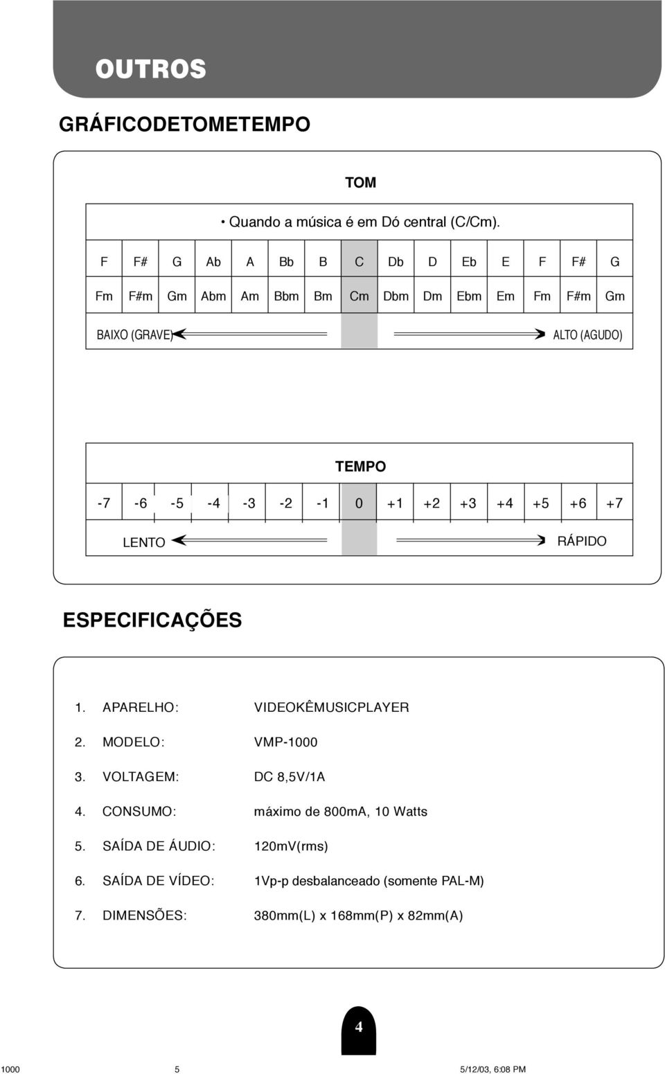 -5-4 -3-2 -1 0 +1 +2 +3 +4 +5 +6 +7 LENTO RÁPIDO ESPECIFICAÇÕES 1. APARELHO: VIDEOKÊMUSICPLAYER 2. MODELO: VMP-1000 3.