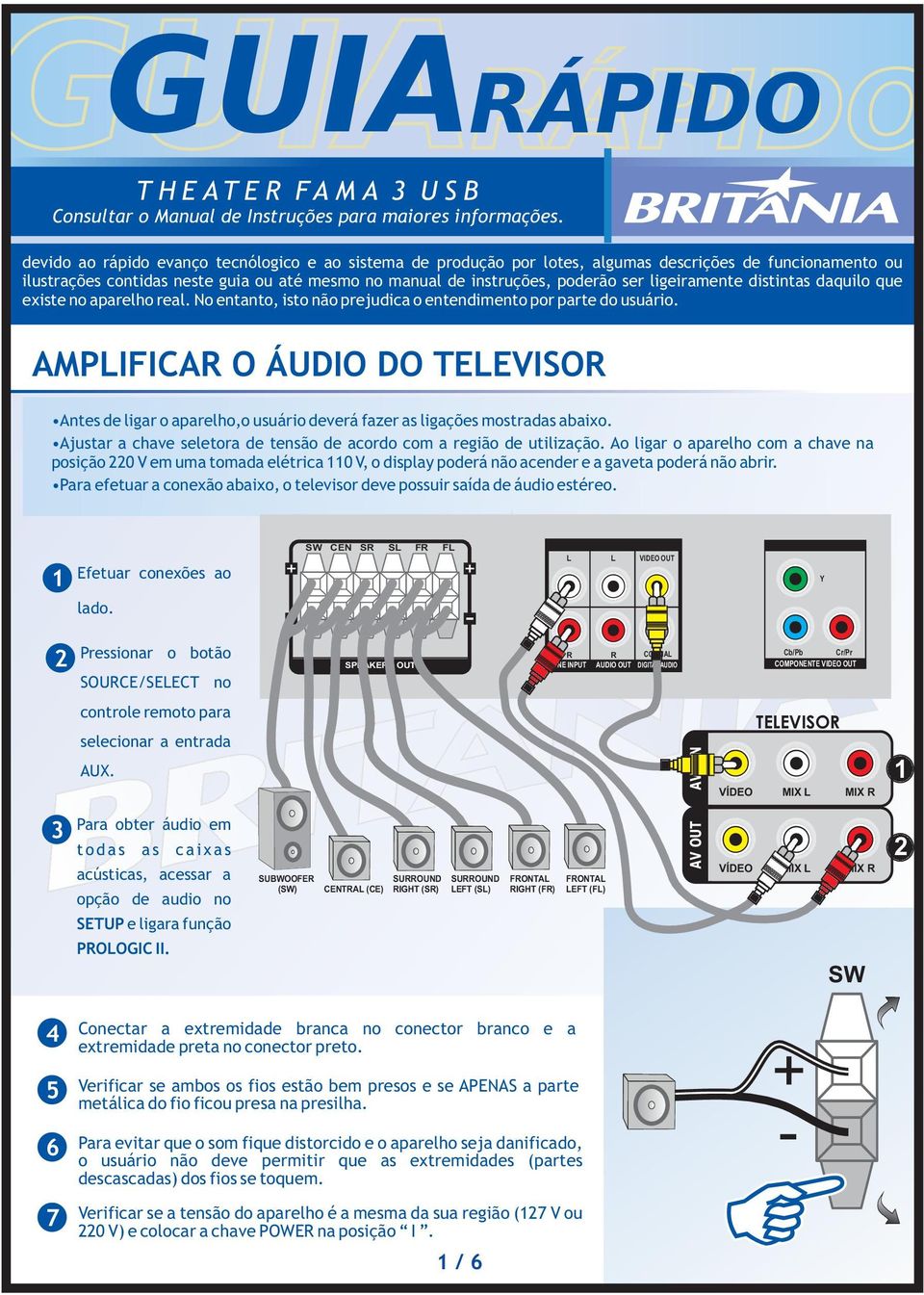 AMPIFICAR O ÁUDIO DO TEEVISOR Antes de ligar o aparelho,o usuário deverá fazer as ligações mostradas abaixo. Ajustar a chave seletora de tensão de acordo com a região de utilização.