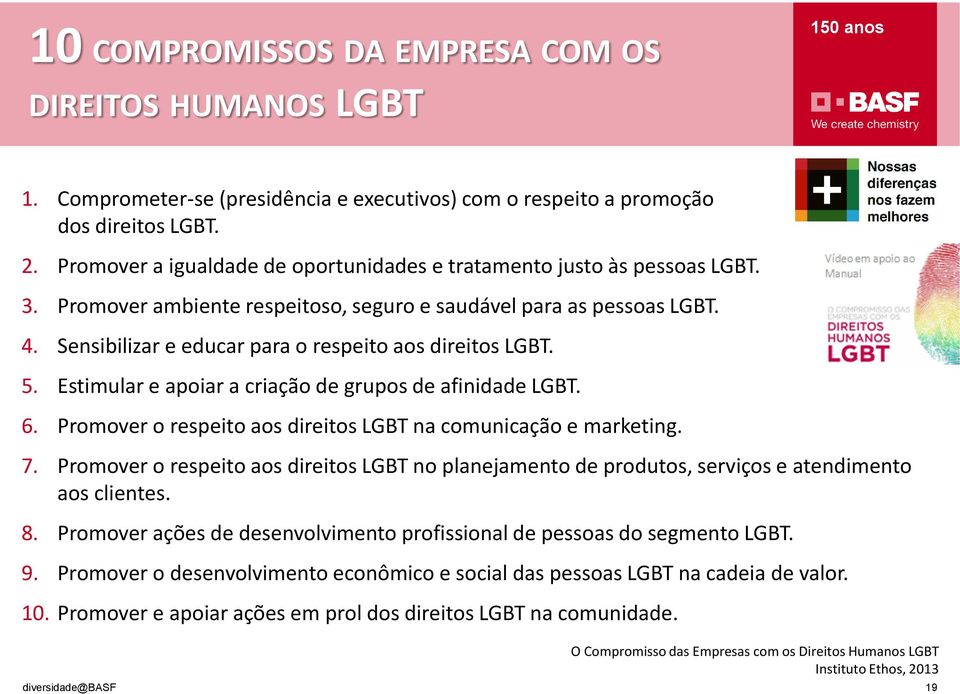 Sensibilizar e educar para o respeito aos direitos LGBT. 5. Estimular e apoiar a criação de grupos de afinidade LGBT. 6. Promover o respeito aos direitos LGBT na comunicação e marketing. 7.