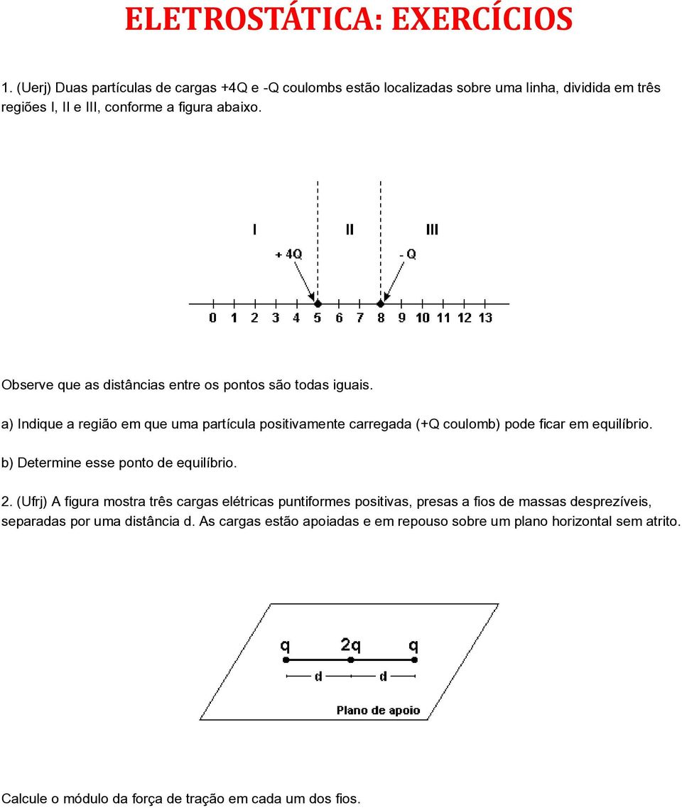 Observe que as distâncias entre os pontos são todas iguais. a) Indique a região em que uma partícula positivamente carregada (+Q coulomb) pode ficar em equilíbrio.