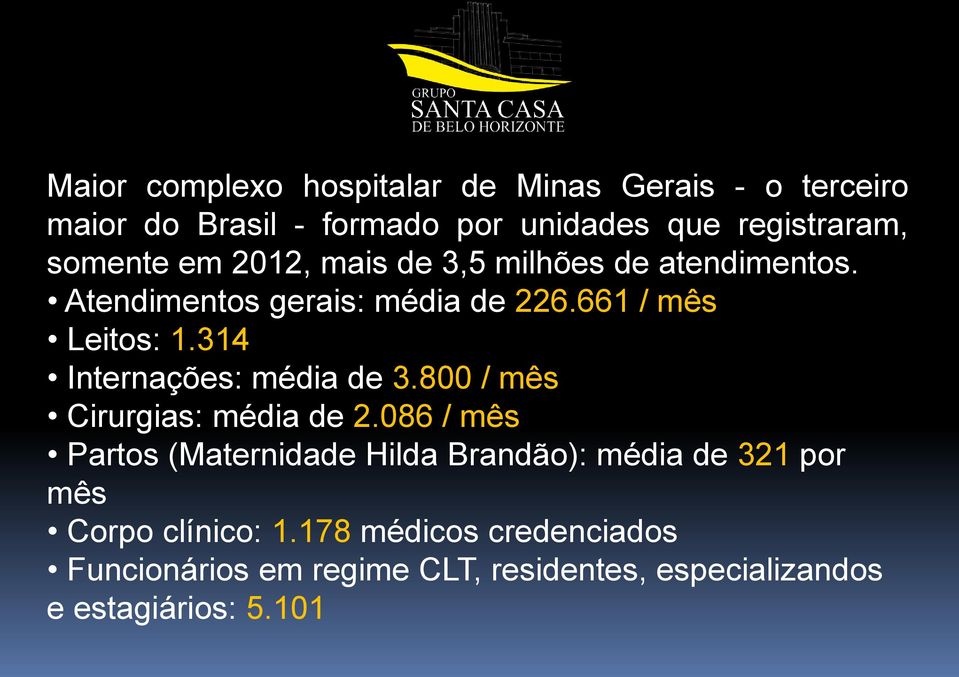 314 Internações: média de 3.800 / mês Cirurgias: média de 2.