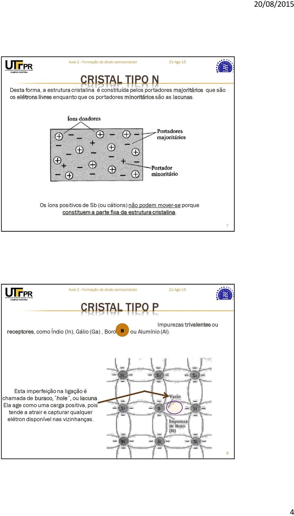 7 CRISTL TIPO P De forma análoga à construção do cristal tipo N, temse a produção do cristal tipo P, ou seja pelo processo de dopagem de um cristal intrínseco com Impurezas