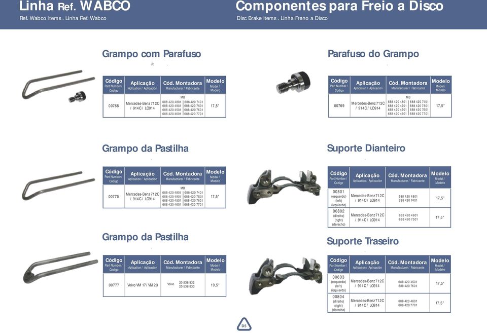 Tornillo da Horquilla de Pastilla de Freno 00769 Mercedes-Benz 712C / 914C / LO914 Grampo da Pastilha Pad Downholder Bar. Horquilla de Pastilla de Freno Suporte Dianteiro Caliper Support.