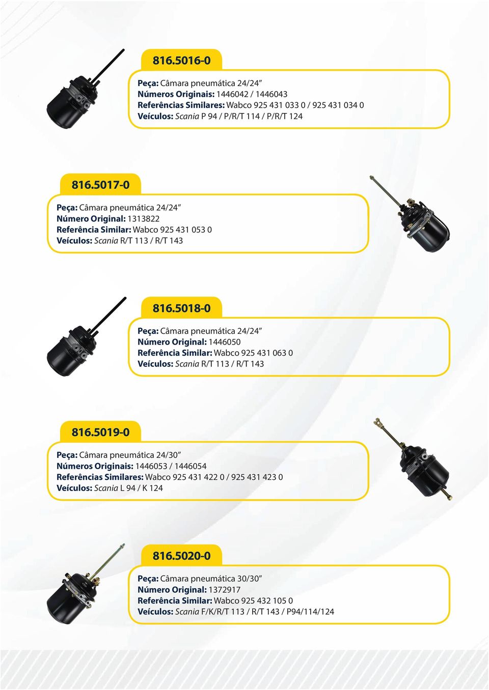 5018-0 Peça: Câmara pneumática 24/24 Número Original: 1446050 Referência Similar: Wabco 925 431 063 0 Veículos: Scania R/T 113 / R/T 143 816.