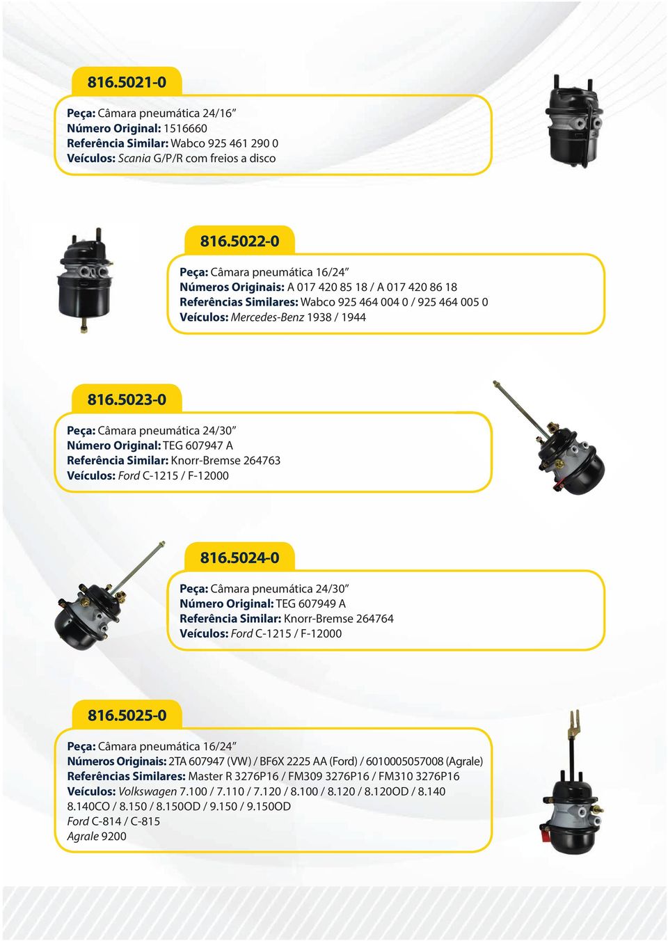 5023-0 Peça: Câmara pneumática 24/30 Número Original: TEG 607947 A Referência Similar: Knorr-Bremse 264763 Veículos: Ford C-1215 / F-12000 816.