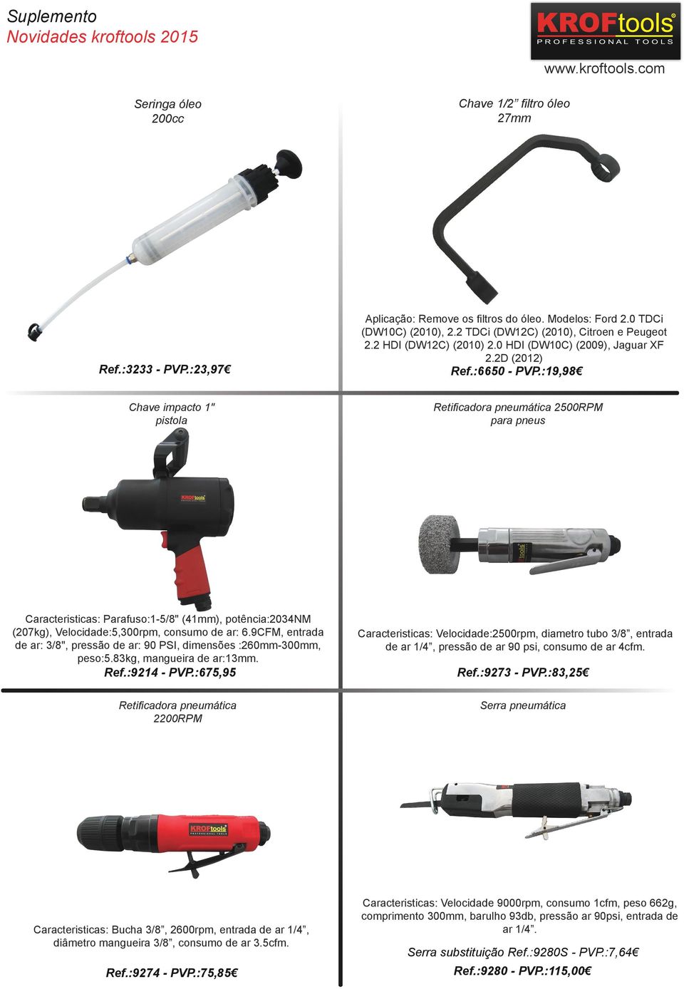 :19,98 Chave impacto 1" pistola Retificadora pneumática 2500RPM para pneus Caracteristicas: Parafuso:1-5/8" (41mm), potência:2034nm (207kg), Velocidade:5,300rpm, consumo de ar: 6.