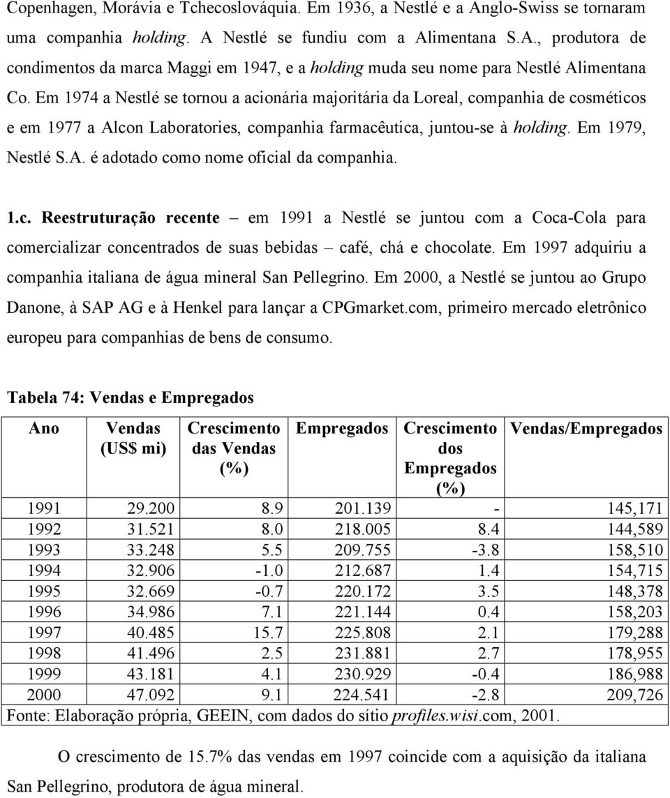 1.c. Reestruturação recente em 1991 a Nestlé se juntou com a Coca-Cola para comercializar concentrados de suas bebidas café, chá e chocolate.