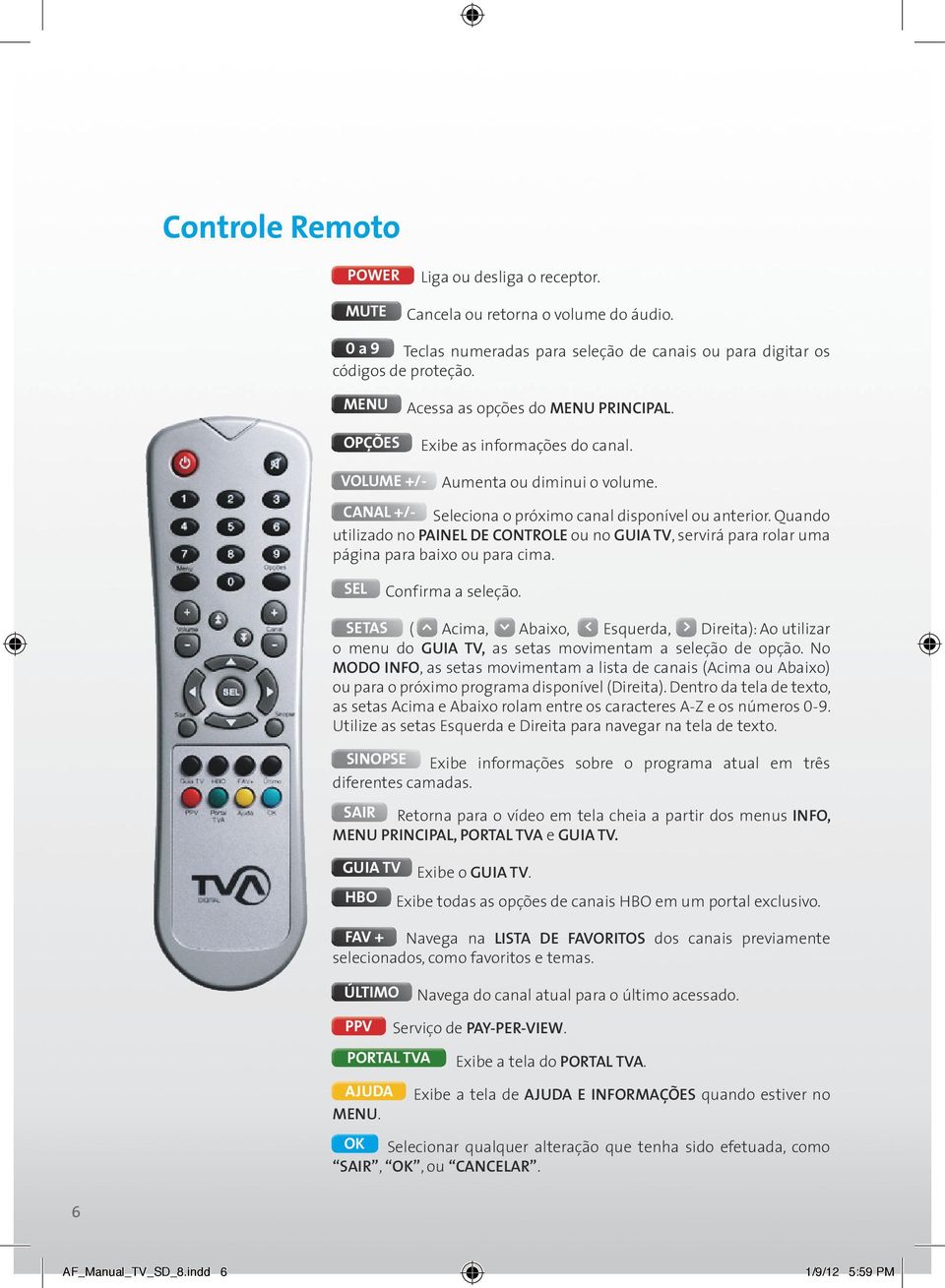 Quando utilizado no PAINEL DE CONTROLE ou no GUIA TV, servirá para rolar uma página para baixo ou para cima. SEL Confirma a seleção.