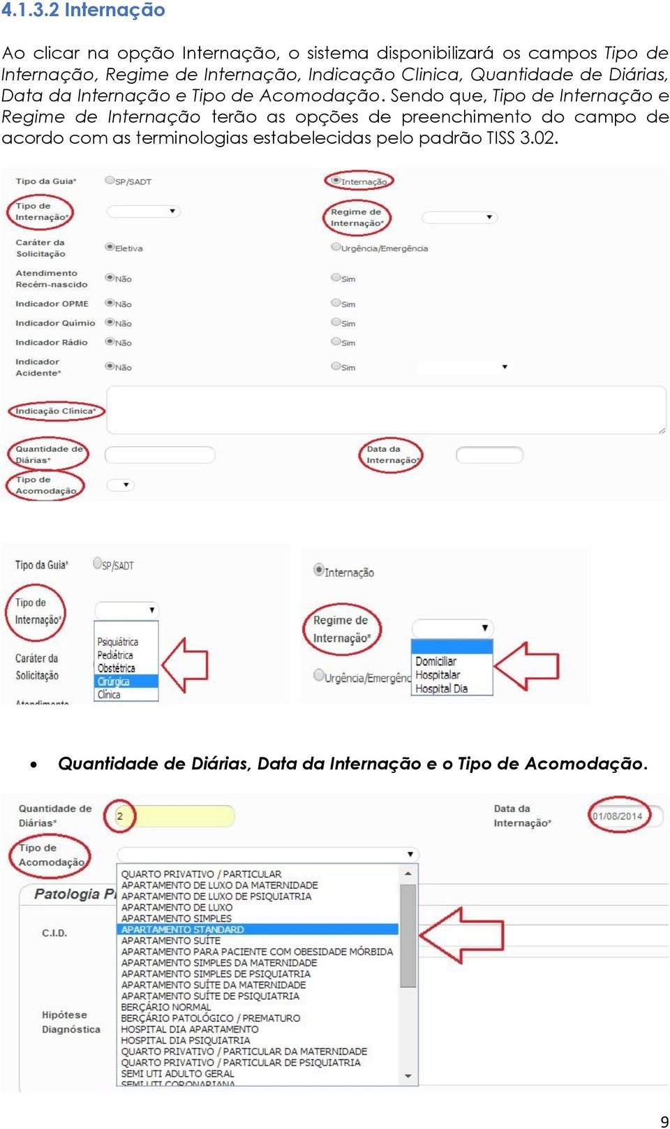 Internação, Indicação Clinica, Quantidade de Diárias, Data da Internação e Tipo de Acomodação.