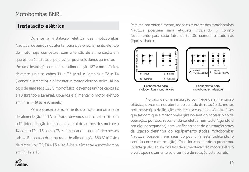 Em uma instalação com rede de alimentação 127 V monofásica, devemos unir os cabos T1 e T3 (Azul e Laranja) e T2 e T4 (Branco e Amarelo) e alimentar o motor elétrico neles.