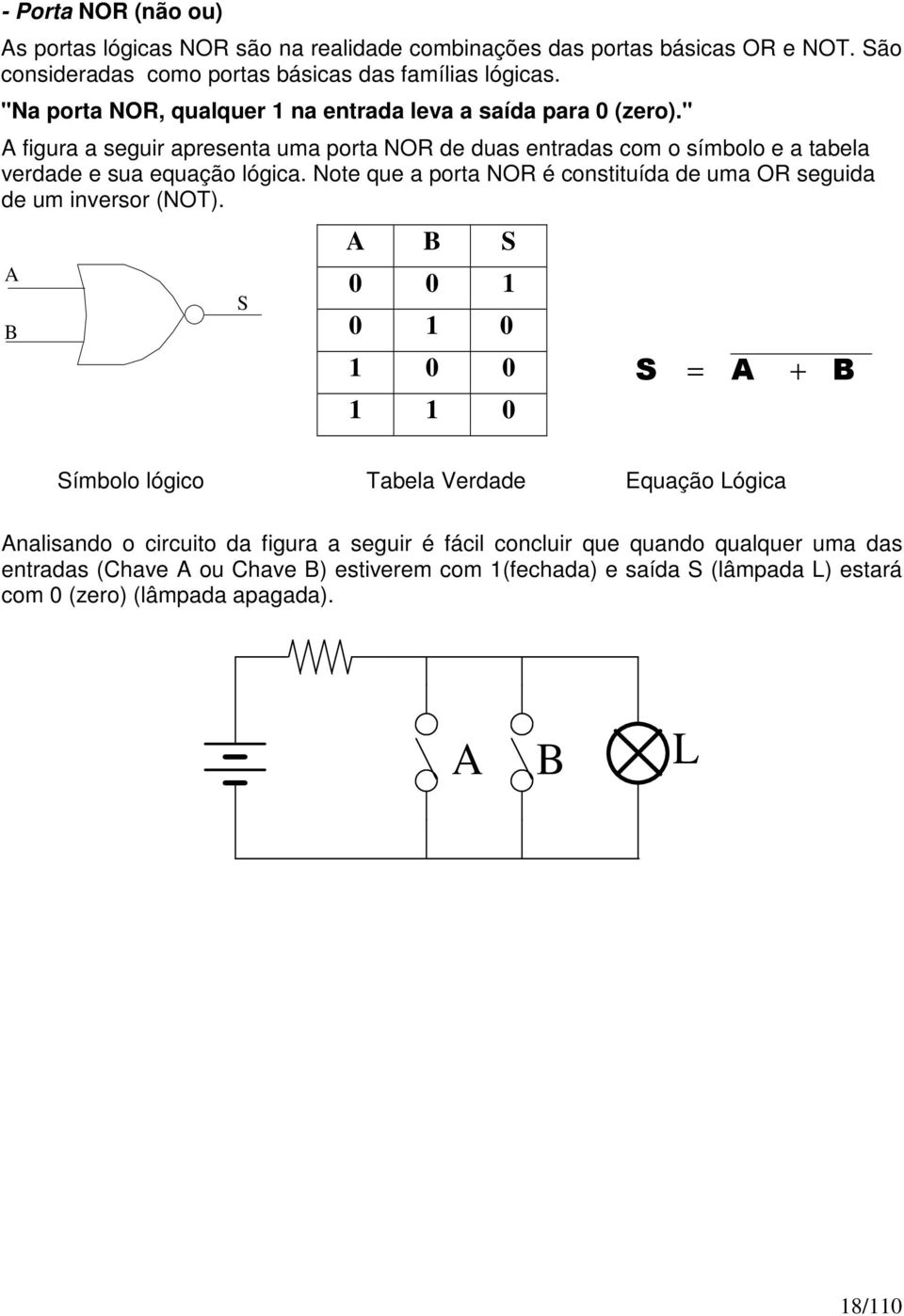 Note que a porta NOR é constituída de uma OR seguida de um inversor (NOT).