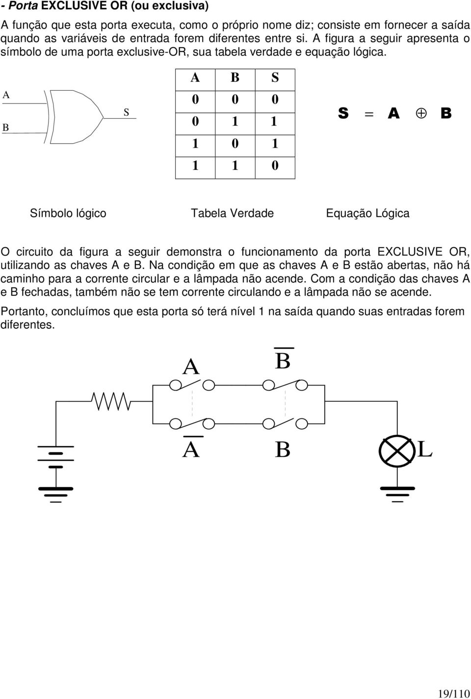 A B S A B S 0 0 0 0 1 1 1 0 1 = 1 1 0 Símbolo lógico Tabela Verdade Equação Lógica O circuito da figura a seguir demonstra o funcionamento da porta EXCLUSIVE OR, utilizando as chaves A e B.