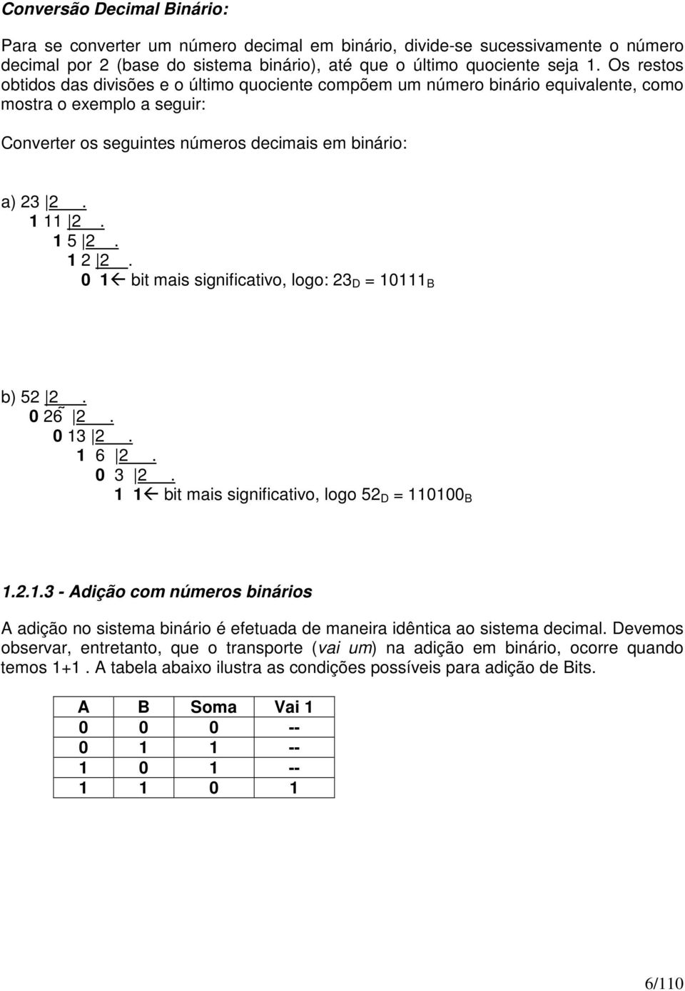 1 2 2. 0 1 bit mais significativo, logo: 23 D = 10111 B b) 52 2. 0 26 2. 0 13 2. 1 6 2. 0 3 2. 1 1 bit mais significativo, logo 52 D = 110100 B 1.2.1.3 - Adição com números binários A adição no sistema binário é efetuada de maneira idêntica ao sistema decimal.