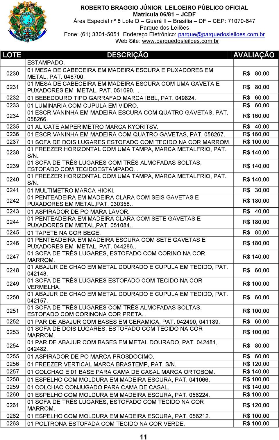 R$ 160,00 0235 01 ALICATE AMPERIMETRO MARCA KYORITSV. R$ 40,00 0236 01 ESCRIVANINHA EM MADEIRA COM QUATRO GAVETAS, PAT. 058267.