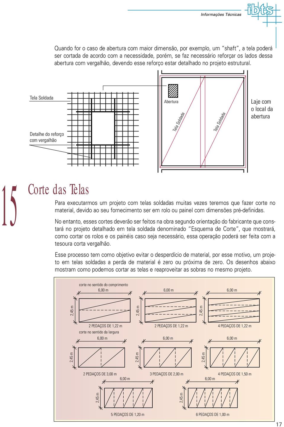 Detalhe do reforço com vergalhão bertura Laje com o local da abertura 1 Corte das Telas Para executarmos um projeto com telas soldadas muitas vezes teremos que fazer corte no material, devido ao seu