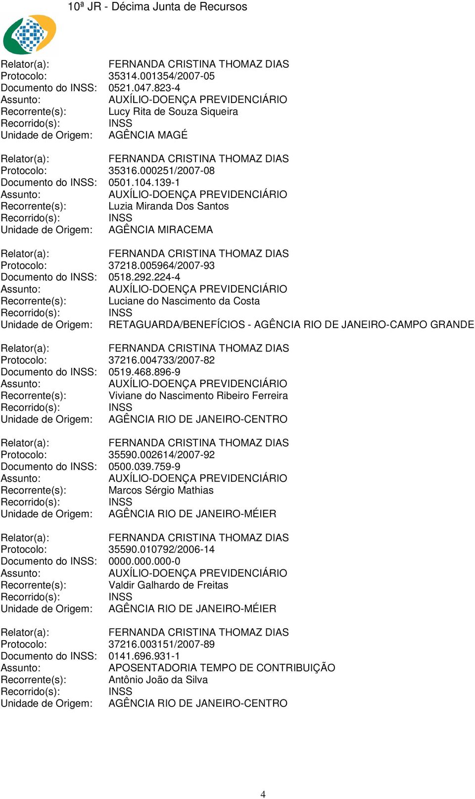 224-4 Recorrente(s): Luciane do Nascimento da Costa Unidade de Origem: RETAGUARDA/BENEFÍCIOS - AGÊNCIA RIO DE JANEIRO-CAMPO GRANDE Protocolo: 37216.004733/2007-82 Documento do INSS: 0519.468.