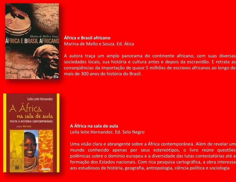 E retrata as conseqüências da importação de quase 5 milhões de escravos africanos ao longo de mais de 300 anos de história do Brasil. A África na sala de aula Leila leite Hernandez. Ed.