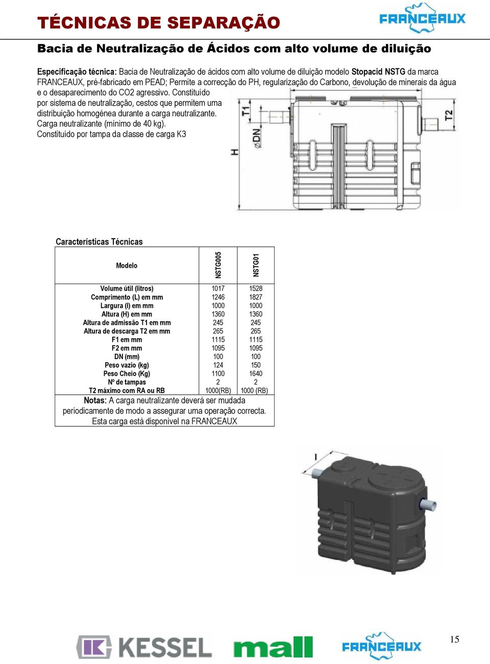 Constituído por sistema de neutralização, cestos que permitem uma distribuição homogénea durante a carga neutralizante. Carga neutralizante (mínimo de 40 kg).