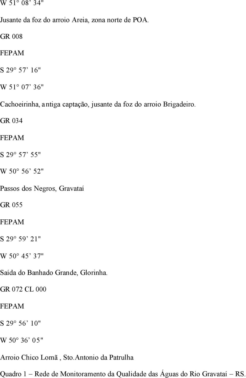 GR 034 FEPAM S 29 57 55" W 50 56 52" Passos dos Negros, Gravataí GR 055 FEPAM S 29 59 21" W 50 45 37" Saída do