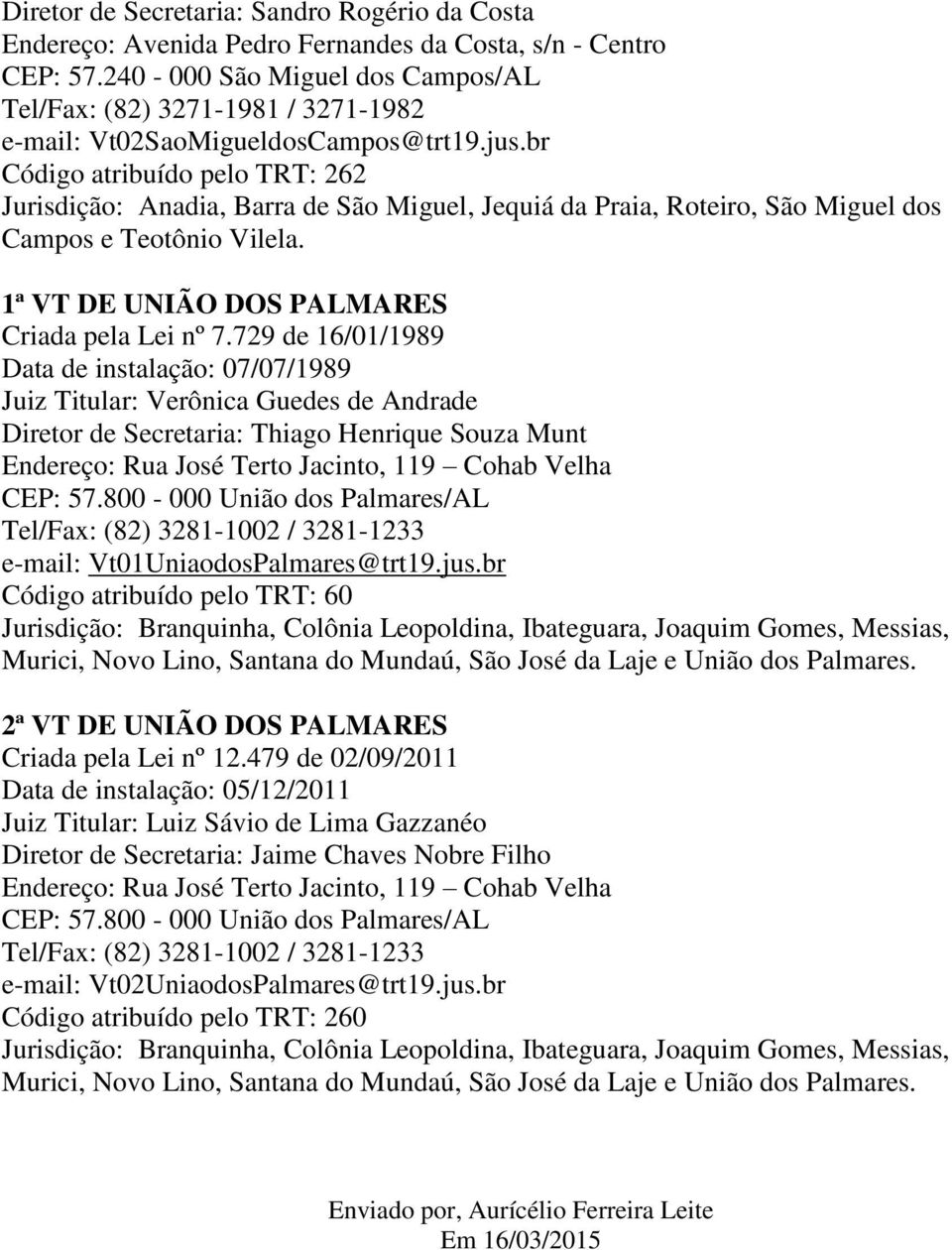 br Código atribuído pelo TRT: 262 Jurisdição: Anadia, Barra de São Miguel, Jequiá da Praia, Roteiro, São Miguel dos Campos e Teotônio Vilela.