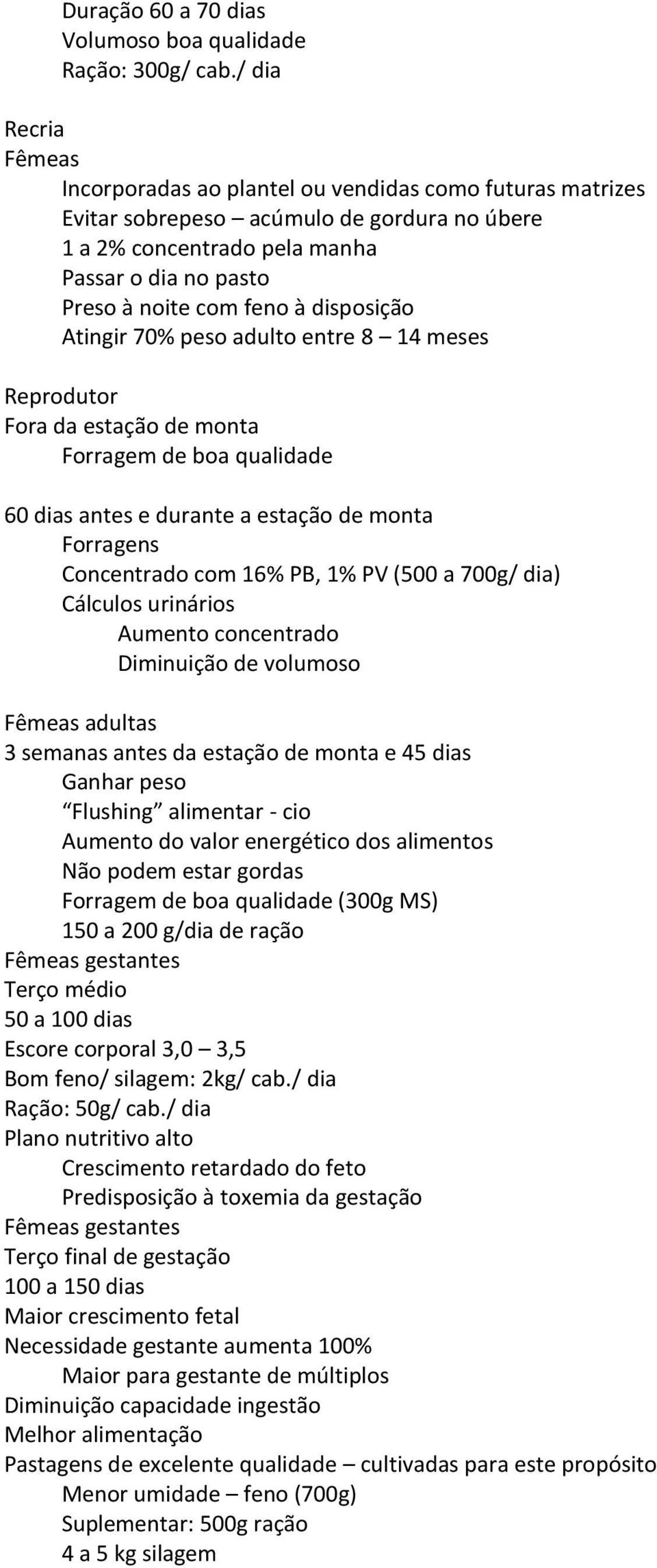 disposição Atingir 70% peso adulto entre 8 14 meses Reprodutor Fora da estação de monta Forragem de boa qualidade 60 dias antes e durante a estação de monta Forragens Concentrado com 16% PB, 1% PV