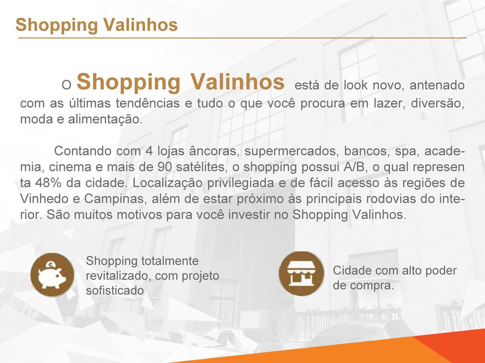 Contando com 4 lojas âncoras, supermercados, bancos, spa, academia, cinema e mais de 90 satélites, o shopping possui A/B, o qual represen ta 48% da