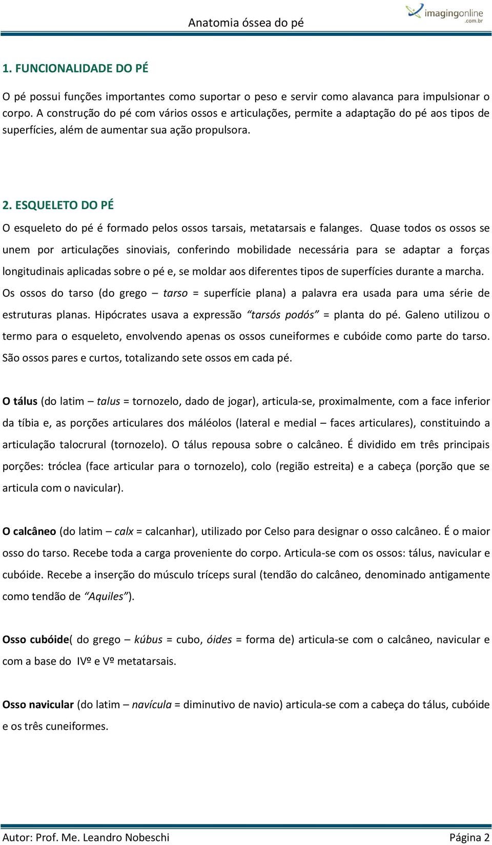 ESQUELETO DO PÉ O esqueleto do pé é formado pelos ossos tarsais, metatarsais e falanges.