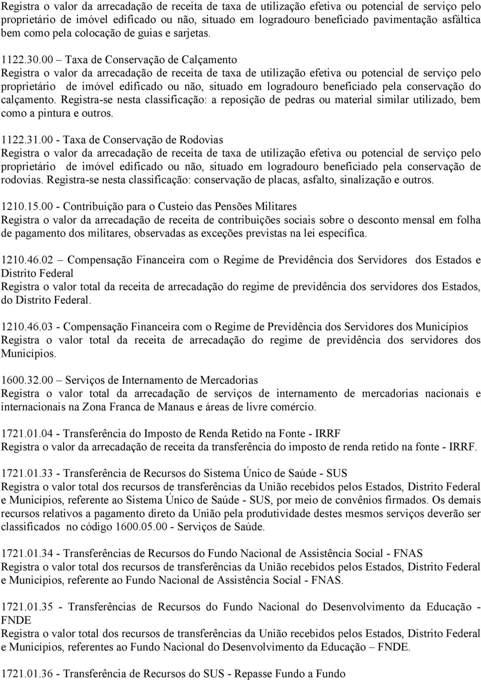 00 Taxa de Conservação de Calçamento Registra o valor da arrecadação de receita de taxa de utilização efetiva ou potencial de serviço pelo proprietário de imóvel edificado ou não, situado em