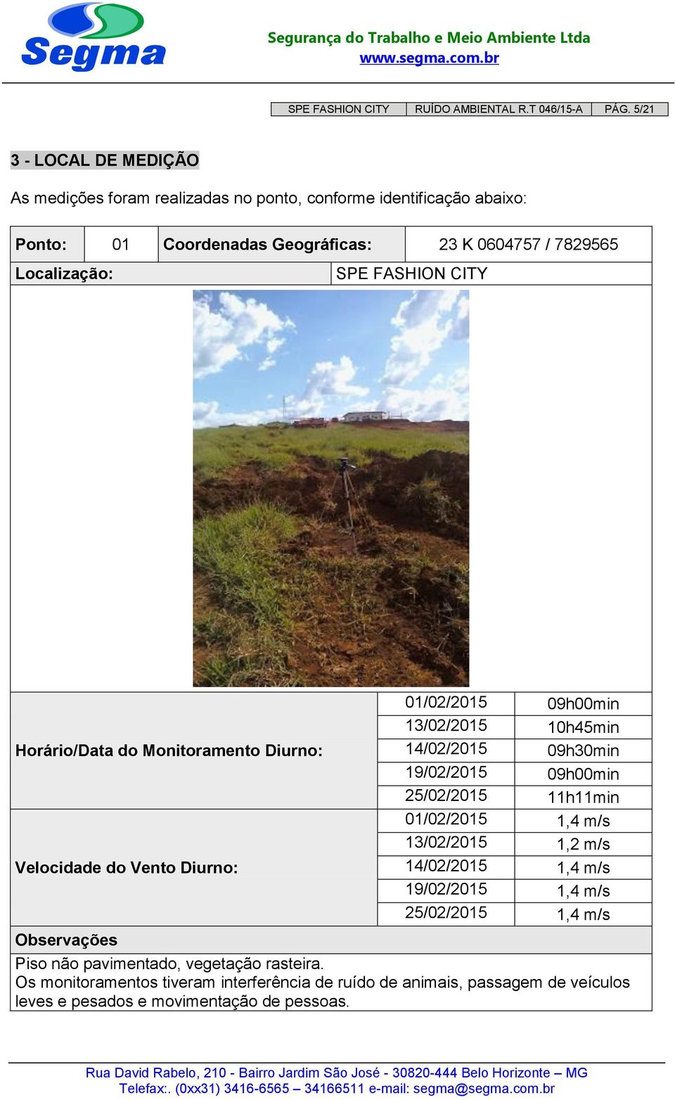 SPE FASHION CITY Horário/Data do Monitoramento Diurno: Velocidade do Vento Diurno: 01/02/2015 09h00min 13/02/2015 10h45min 14/02/2015 09h30min 19/02/2015 09h00min