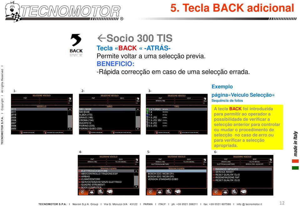 1-2- 3- Exemplo página«veiculo Selecção» Sequência de fotos 4-5- 6- A tecla BACK foi introduzida para