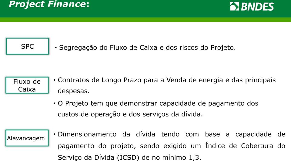 O Projeto tem que demonstrar capacidade de pagamento dos custos de operação e dos serviços da dívida.