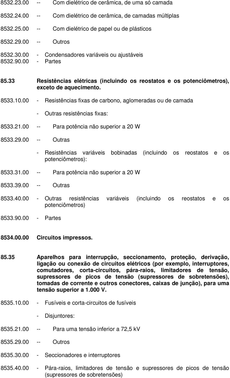 00 - Resistências fixas de carbono, aglomeradas ou de camada - Outras resistências fixas: 8533.21.00 -- Para potência não superior a 20 W 8533.29.