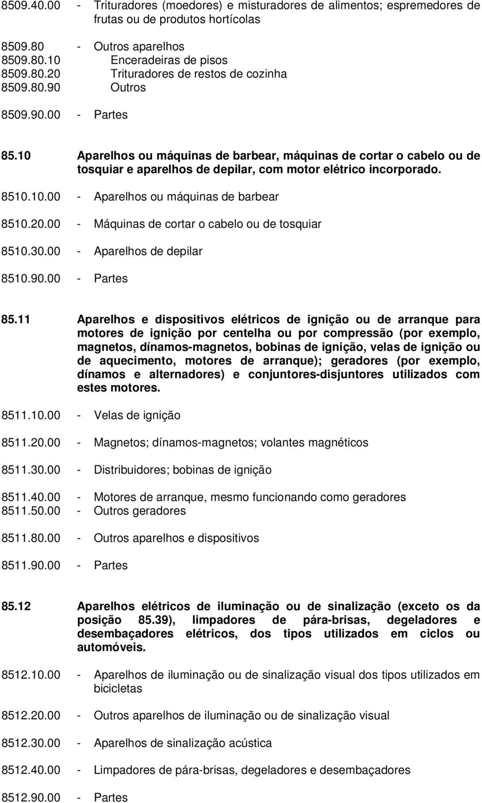 20.00 - Máquinas de cortar o cabelo ou de tosquiar 8510.30.00 - Aparelhos de depilar 8510.90.00 - Partes 85.