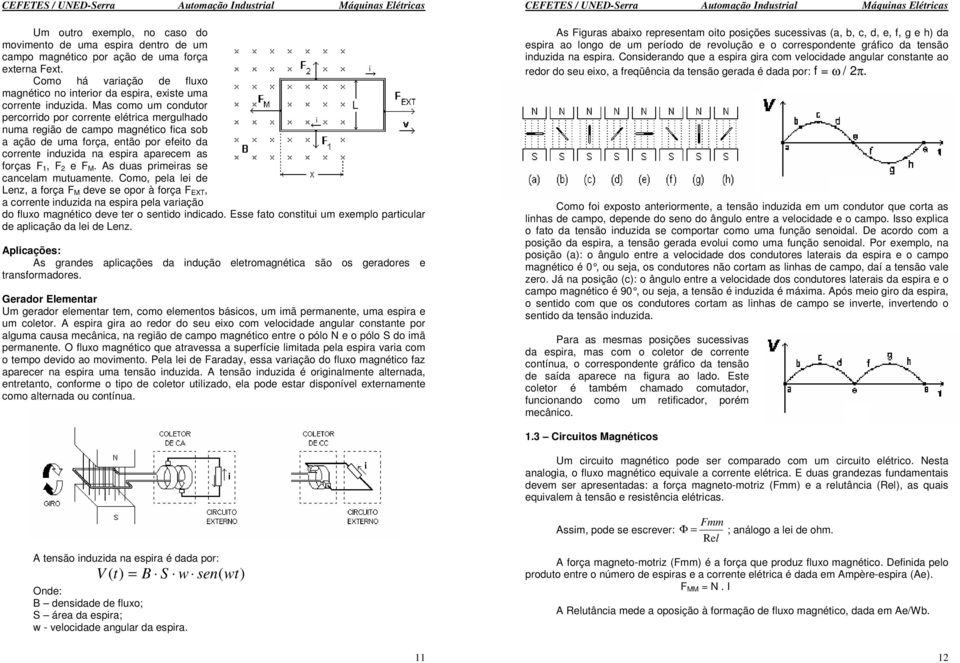 Mas como um condutor percorrido por corrente elétrica mergulhado numa região de campo magnético fica sob a ação de uma força, então por efeito da corrente induzida na espira aparecem as forças F 1, F