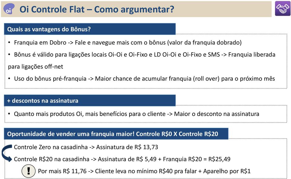 off-net Uso do bônus pré-franquia -> Maior chance de acumular franquia (roll over) para o próximo mês + descontos na assinatura Quanto mais produtos Oi, mais benefícios para o