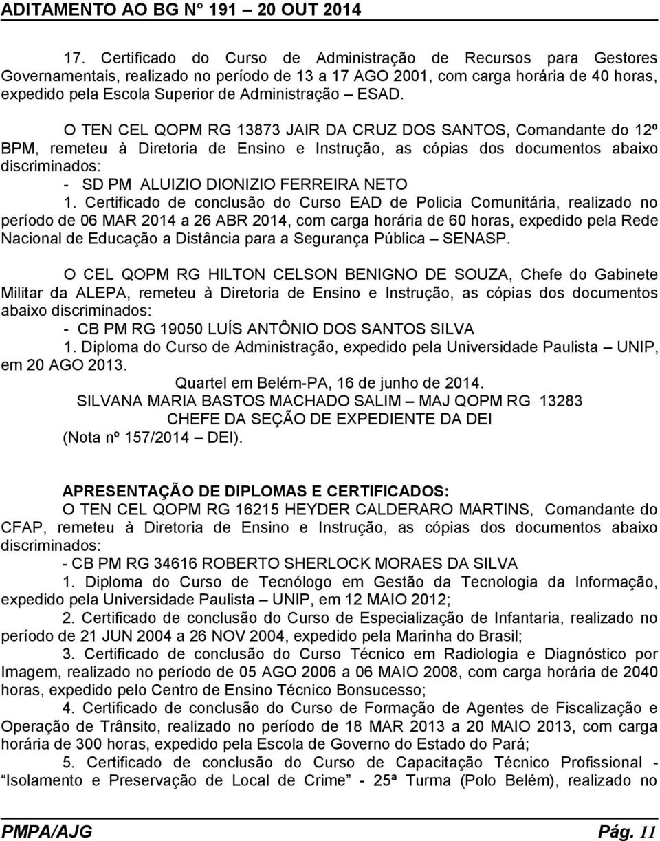 O TEN CEL QOPM RG 13873 JAIR DA CRUZ DOS SANTOS, Comandante do 12º BPM, remeteu à Diretoria de Ensino e Instrução, as cópias dos documentos abaixo - SD PM ALUIZIO DIONIZIO FERREIRA NETO 1.