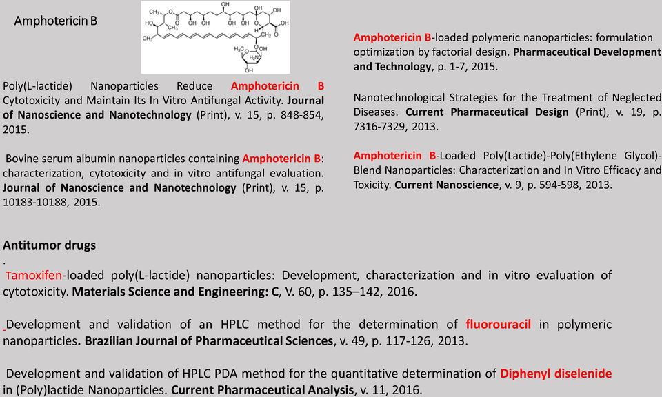 15, p. 10183-10188, 2015. Amphotericin B-loaded polymeric nanoparticles: formulation optimization by factorial design. Pharmaceutical Development and Technology, p. 1-7, 2015.