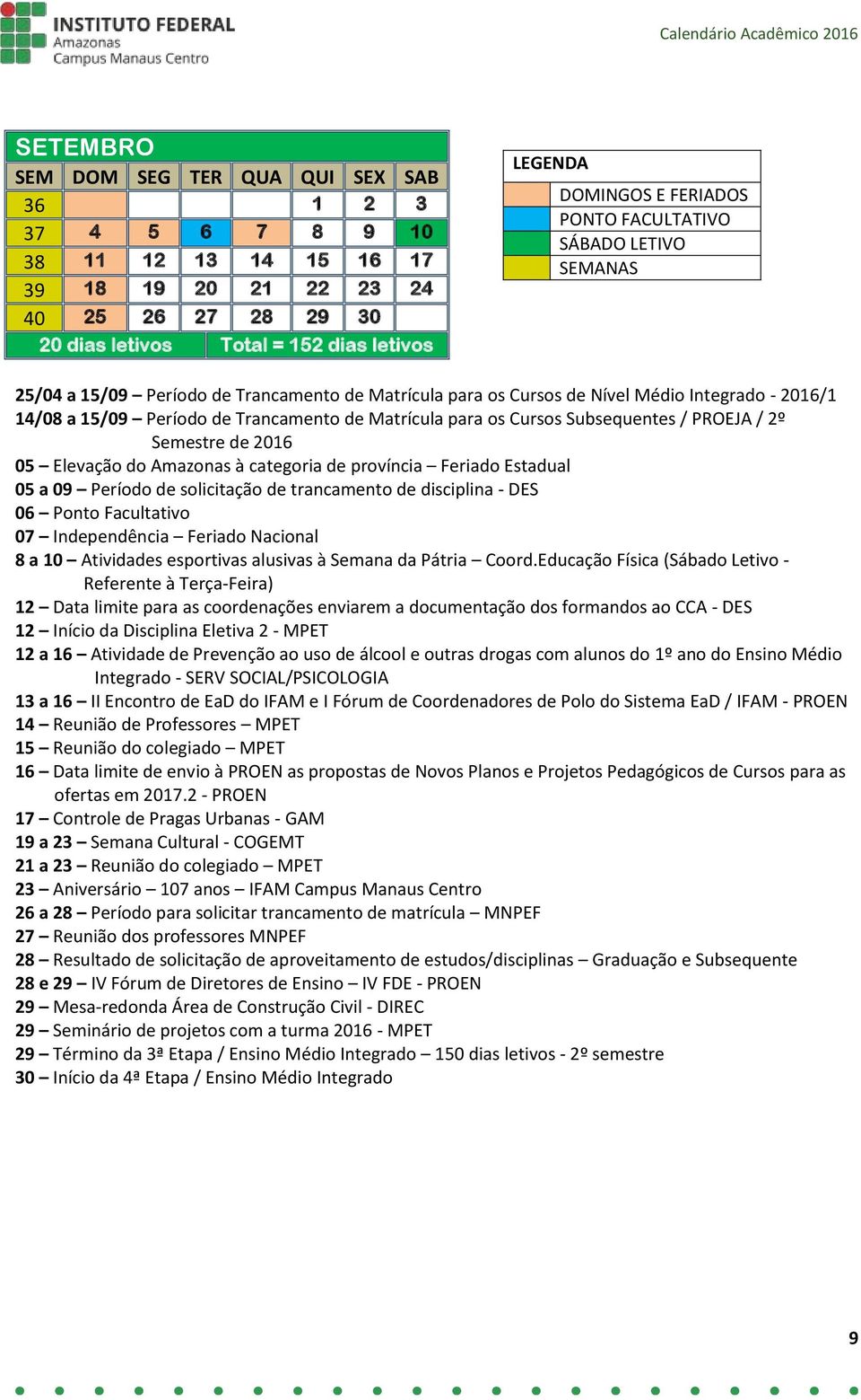 do Amazonas à categoria de província Feriado Estadual 05 a 09 Período de solicitação de trancamento de disciplina - DES 06 Ponto Facultativo 07 Independência Feriado Nacional 8 a 10 Atividades