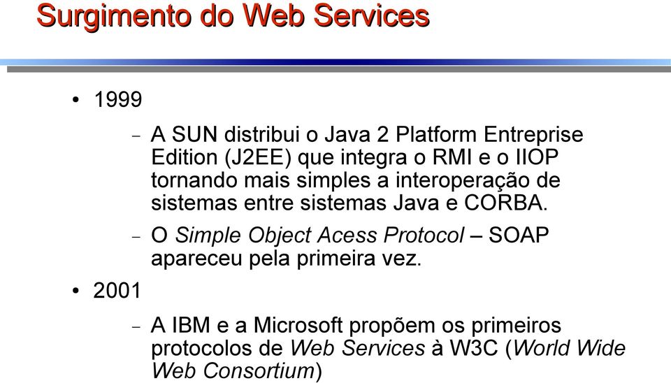 Java e CORBA. O Simple Object Acess Protocol SOAP apareceu pela primeira vez.