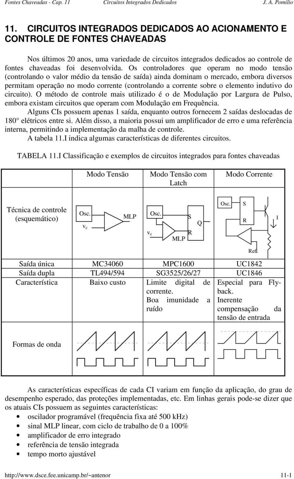 operação no modo corrente (controlando a corrente sobre o elemento indutivo do circuito) O método de controle mais utilizado é o de Modulação por Largura de Pulso, embora existam circuitos que operam