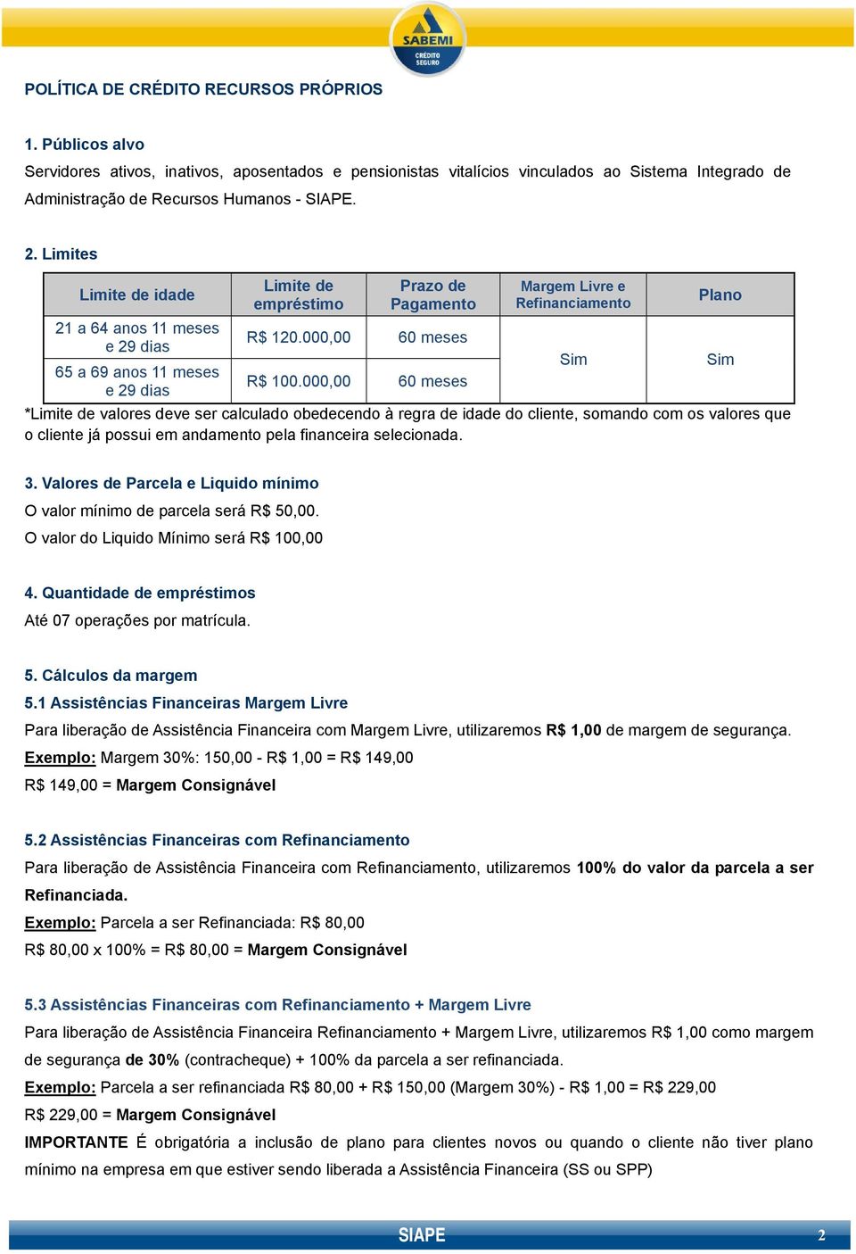 000,00 60 meses e 29 dias *Limite de valores deve ser calculado obedecendo à regra de idade do cliente, somando com os valores que o cliente já possui em andamento pela financeira selecionada. 3.