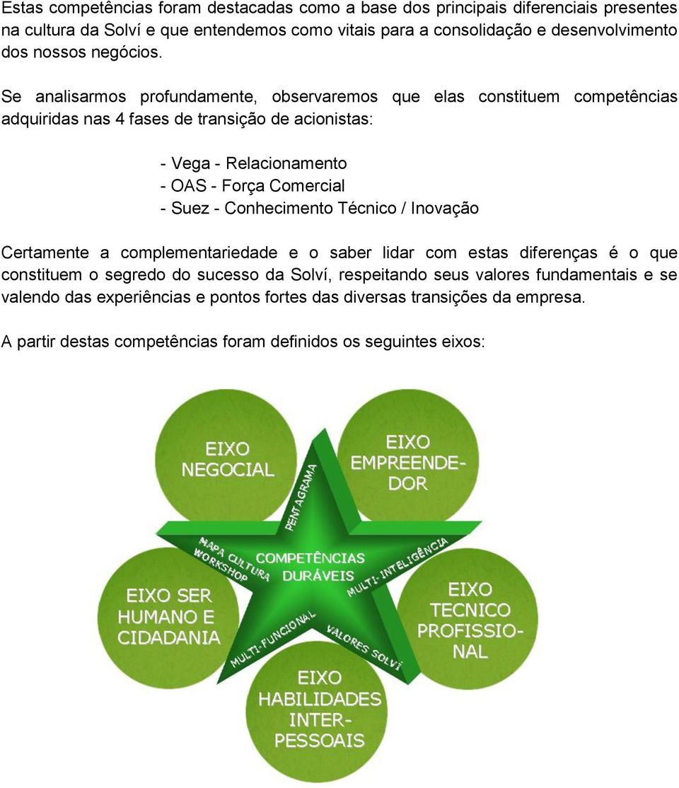 Se analisarmos profundamente, observaremos que elas constituem competências adquiridas nas 4 fases de transição de acionistas: - Vega - Relacionamento - OAS - Força Comercial -