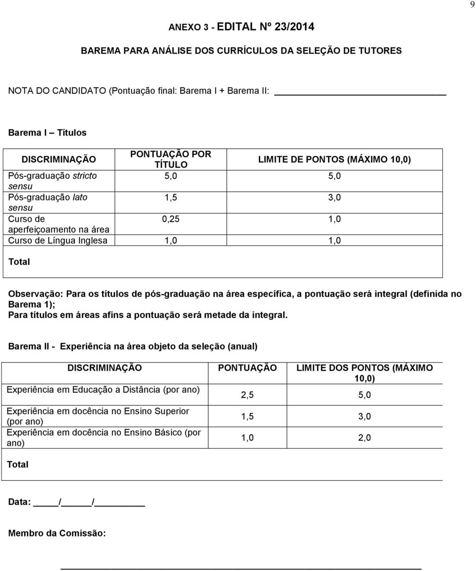 títulos de pós-graduação na área específica, a pontuação será integral (definida no Barema 1); Para títulos em áreas afins a pontuação será metade da integral.