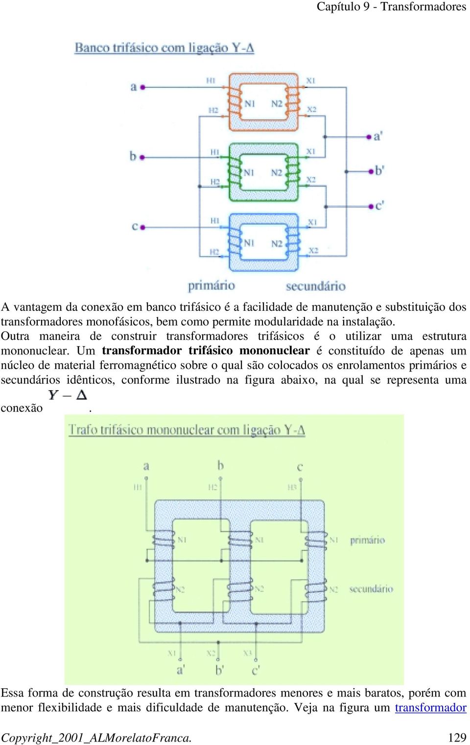 Um transformador trifásico mononuclear é constituído de apenas um núcleo de material ferromagnético sobre o qual são colocados os enrolamentos primários e secundários idênticos,